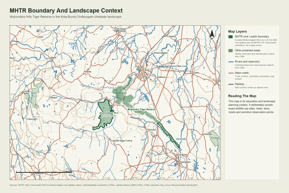 GIS map showing Mukundara Hills Tiger Reserve, Bhainsrodgarh core addition, surrounding protected areas, rivers, roads and district context