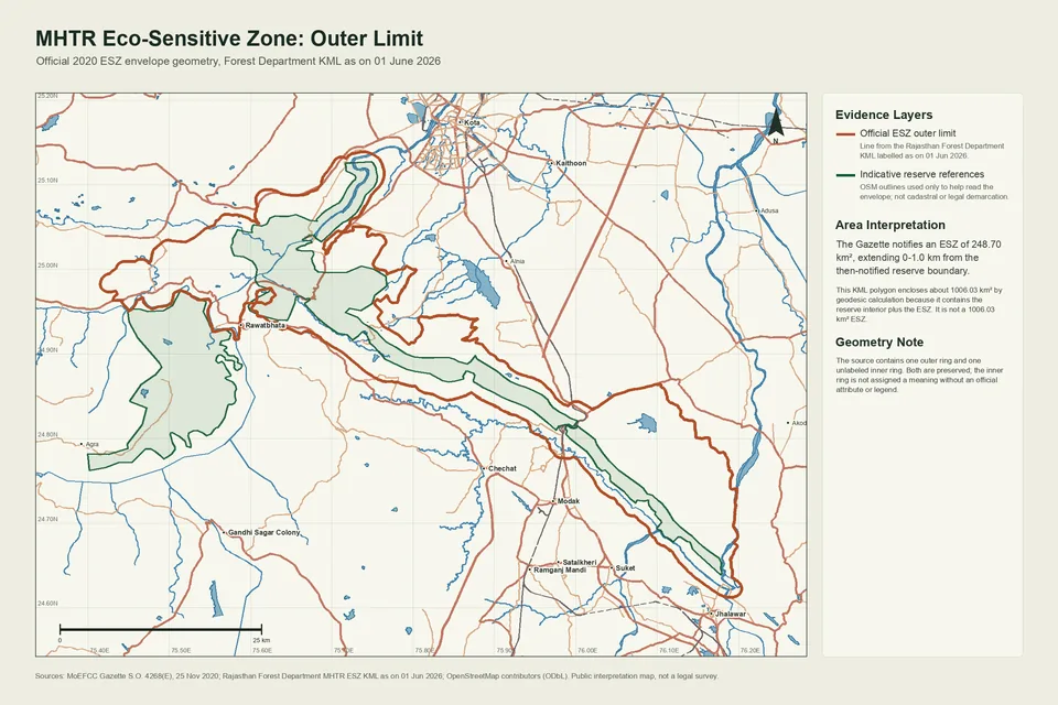 Map comparing the official 2020 Mukundara Hills Tiger Reserve eco-sensitive-zone outer limit with indicative OpenStreetMap reserve reference outlines