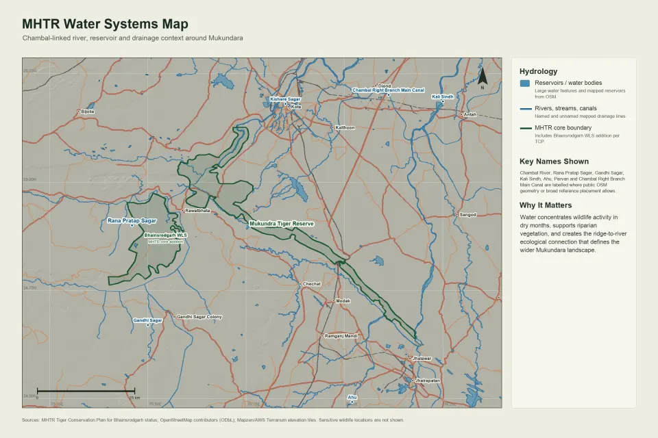 Hydrology map of Mukundara Hills Tiger Reserve showing rivers, reservoirs, canals, roads, rail and nearby settlements
